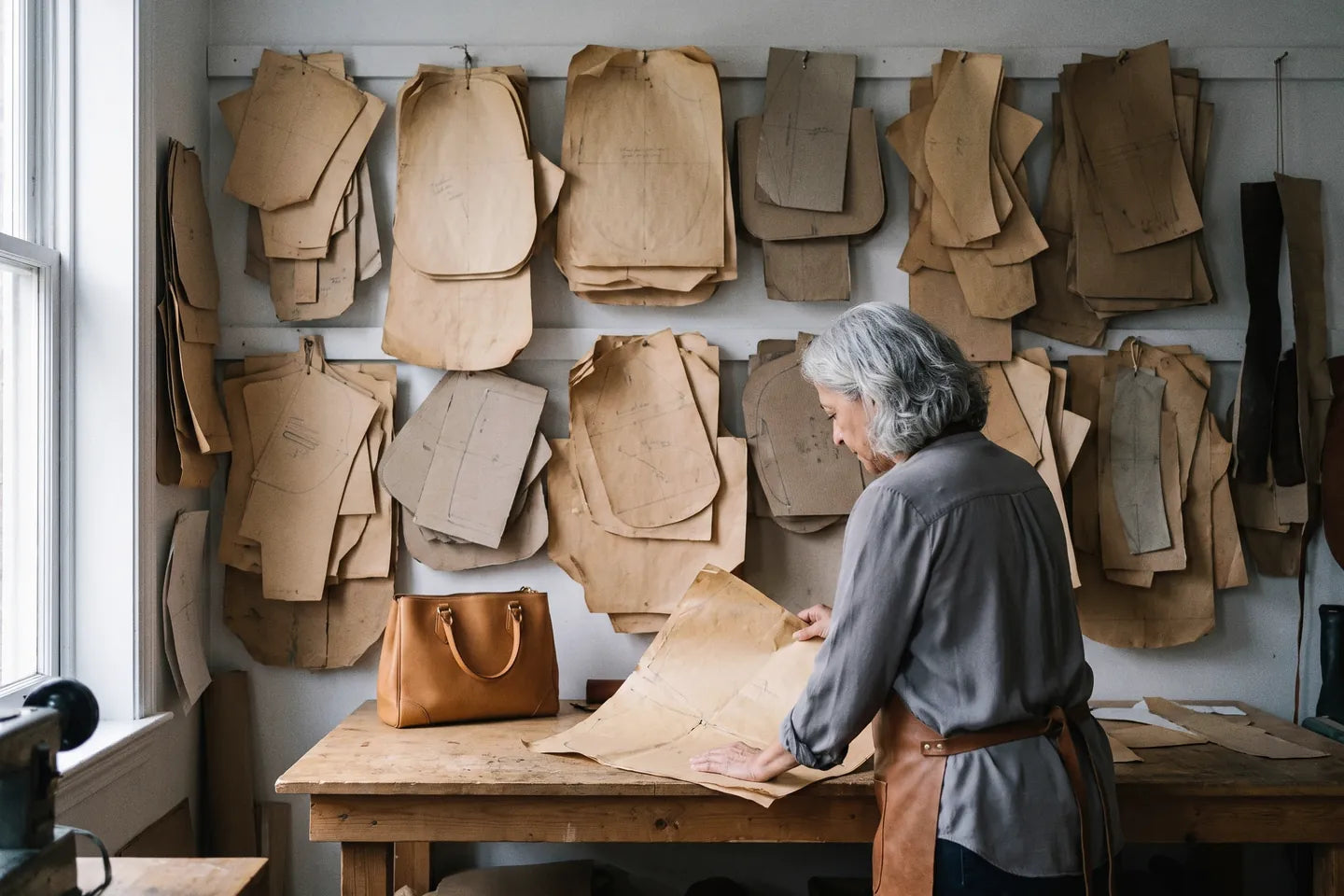 Rose at her workbench, in front of a wall covered in forty-four years of handbag patterns.