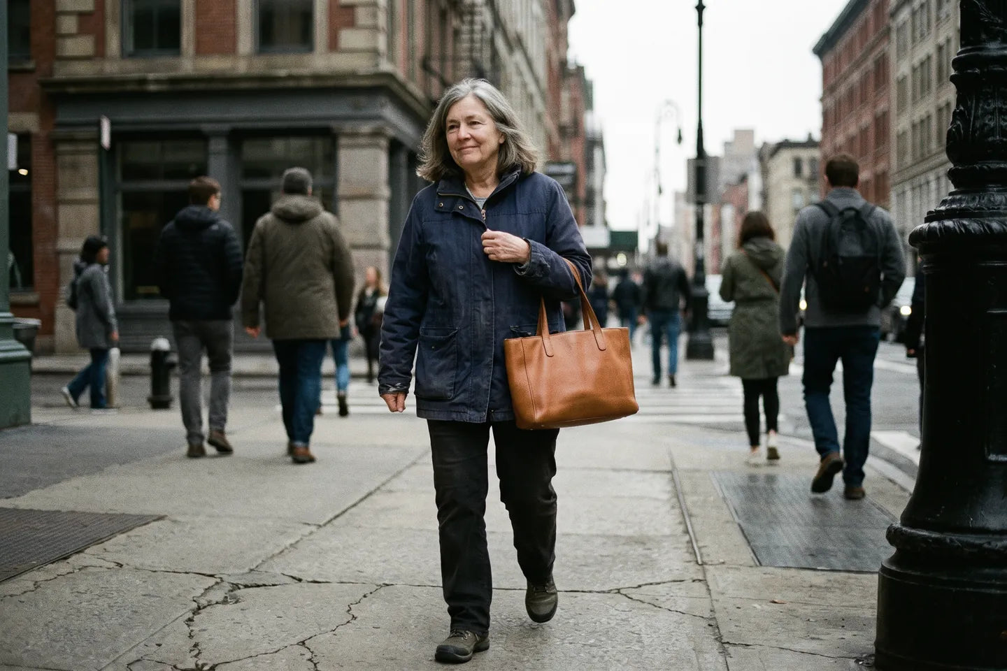 A woman in her mid-sixties on an ordinary street, a tan leather bag on her forearm.