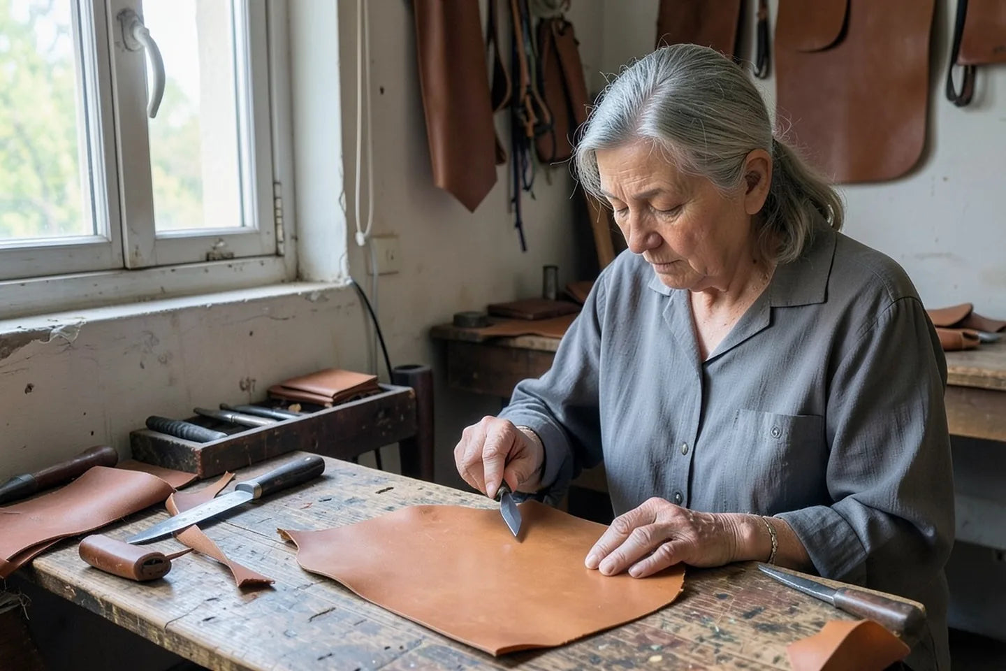 Rose at her bench in daylight, a hide flat in front of her and a tape measure across it.