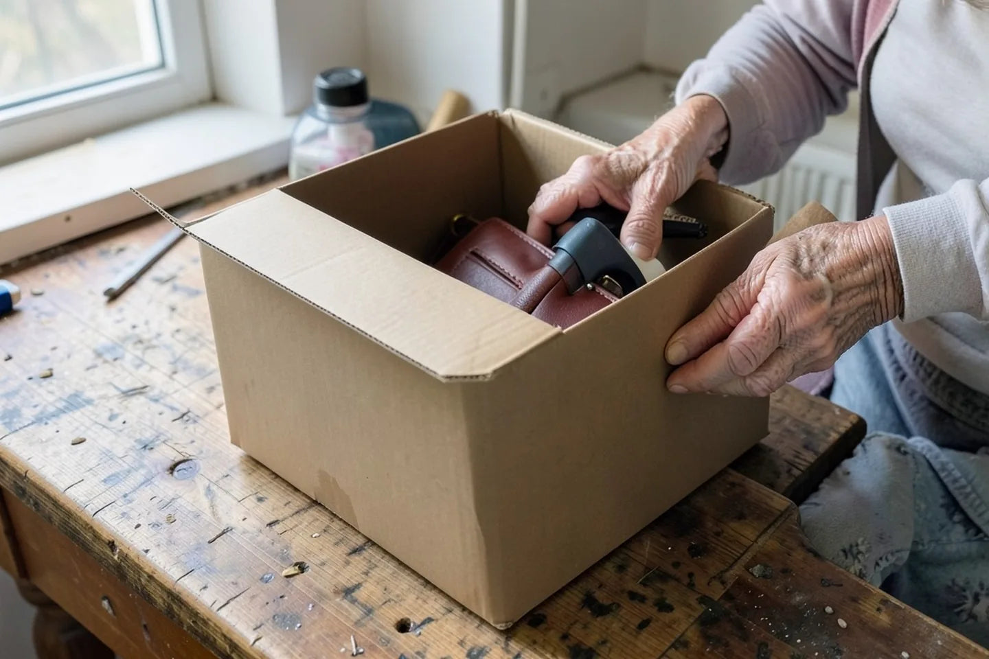 Rose&rsquo;s hands taping a plain shipping carton shut with a finished bag inside.