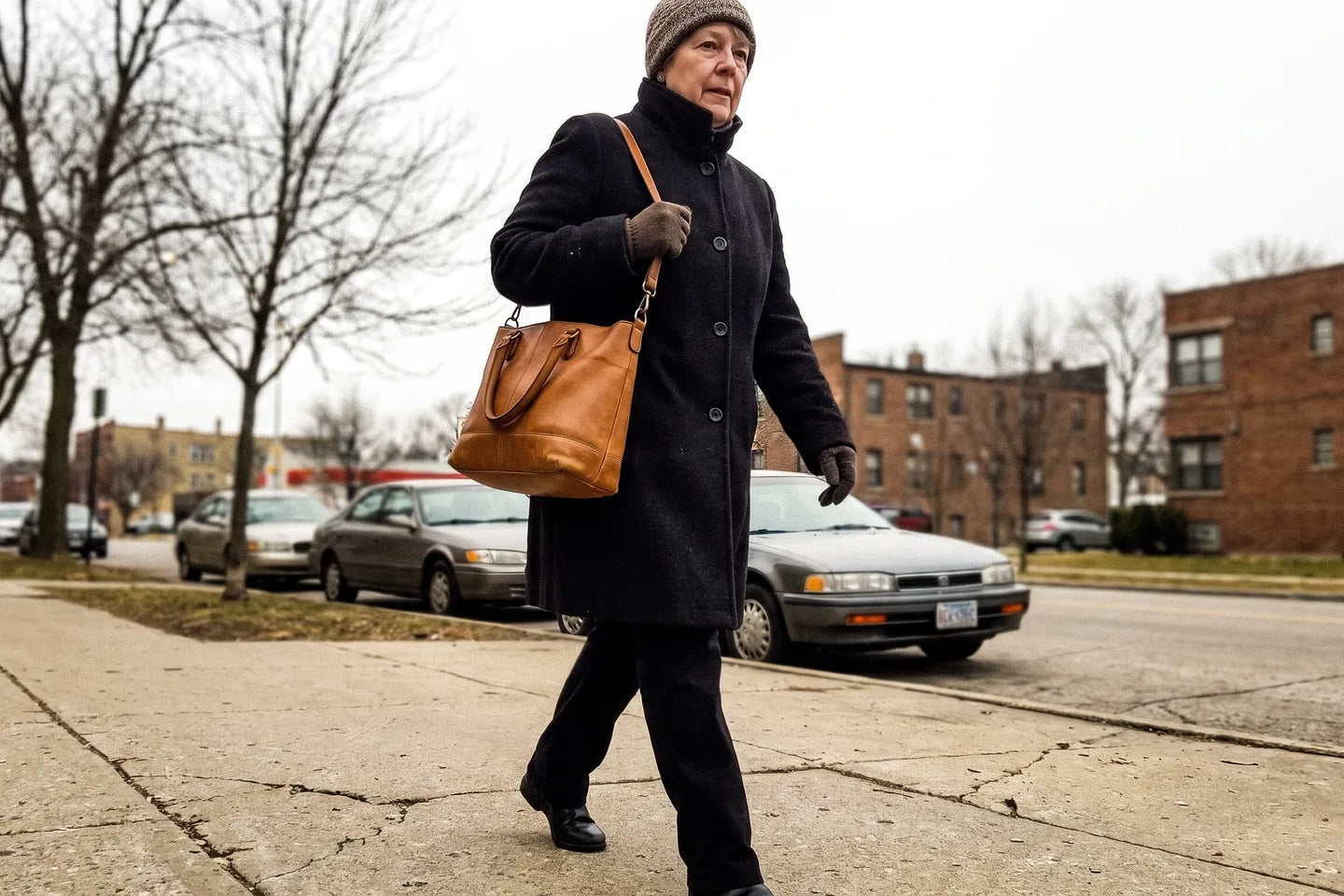 A woman walking on an ordinary sidewalk on a cold morning, the bag on her shoulder over a winter coat, the strap clearing it easily.